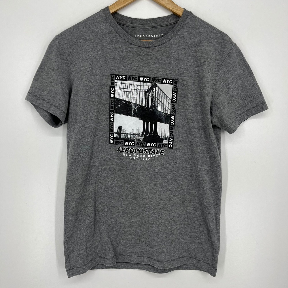 Aeropostale Mens XS‎ Gray NYC Brooklyn Bridge Graphic T-Shirt Short Sleeve